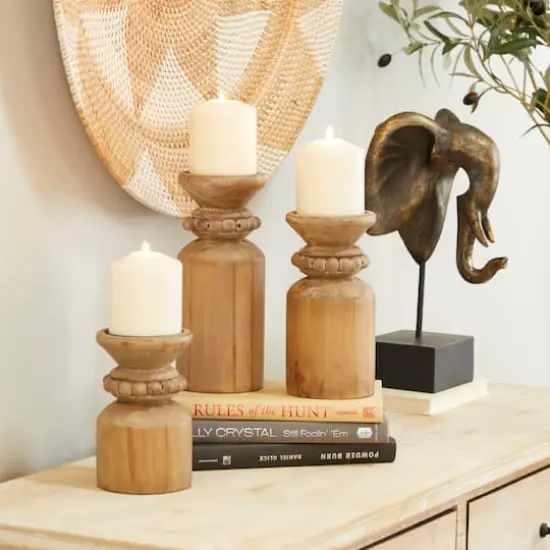 Brown Wood Traditional Candle Holder Set {3}