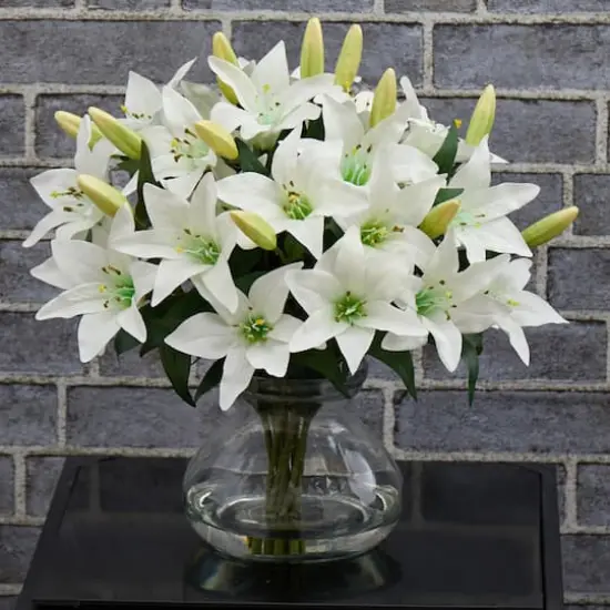 16" White Lily Silk Arrangement with Glass Vase {5}