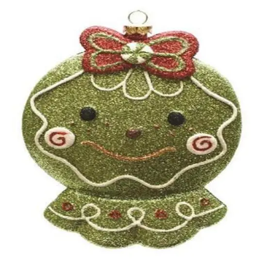 5.5" Glittered Green & Red Shatterproof Gingerbread Head Christmas Ornament {1}