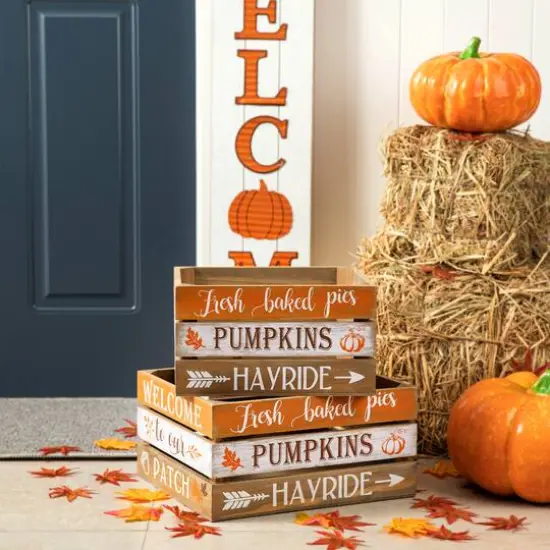 Glitzhome&reg; Wooden Pumpkin Crate Set {10}
