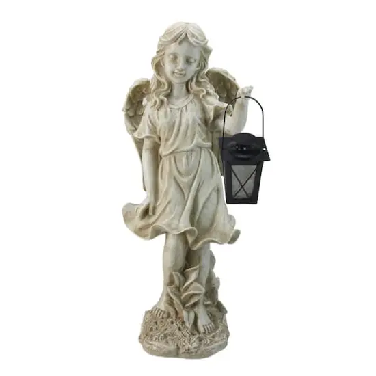 21" Graceful Weathered Ivory Standing Angel with Tealight Candle Lantern Outdoor Garden Statue {1}