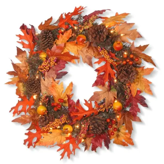 24" Harvest Maple Wreath with Berries, Cones, Guave and 35 Clear Lights {1}
