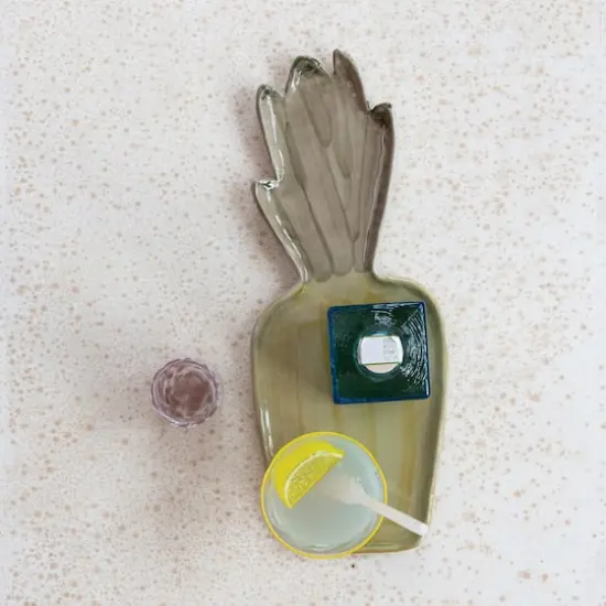 Hello Honey Hand-Painted Stoneware Pineapple Shaped Platter with Reactive Glaze, Brown and Green, Set of 6 {3}
