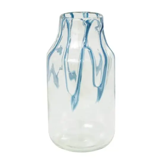 13" Cream with Wavy Blue Design Abstract Glass Vase {1}