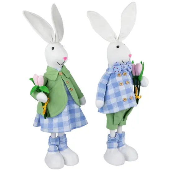 18.75" Bunny Couple in Matching Checkered Outfits Easter Figures Set {5}