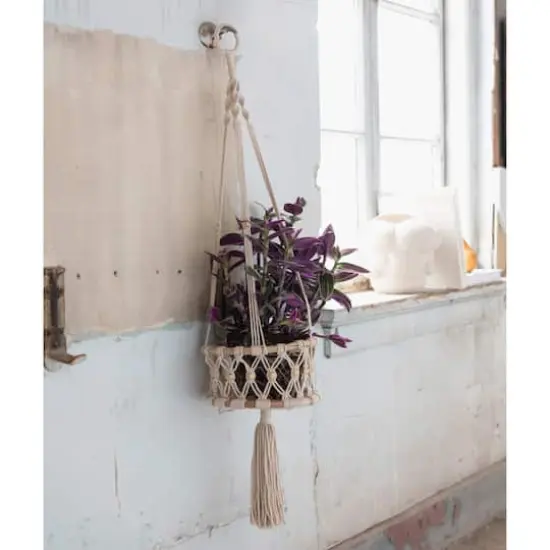 Hello Honey® 33.5" Natural Handwoven Cotton Macramé & Rattan Plant Hanger with Wood Beads {3}