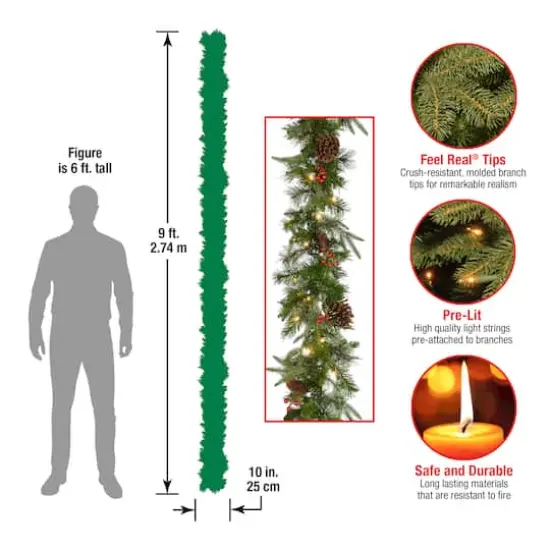 9&rsquo; x 10" Pre-lit "Feel-Real" Artificial Christmas Colonial Garland with Berries, Cones and 50 Clear Lights {8}