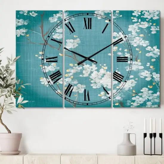 Designart Blue Cherry Blossoms I Lodge 3 Panel Wall Clock {3}