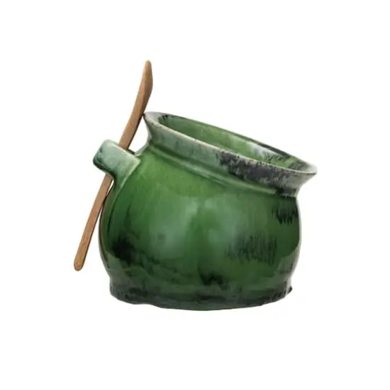 Hello Honey® 4" Green Stoneware Salt Dish with Acacia Wood Spoon {3}