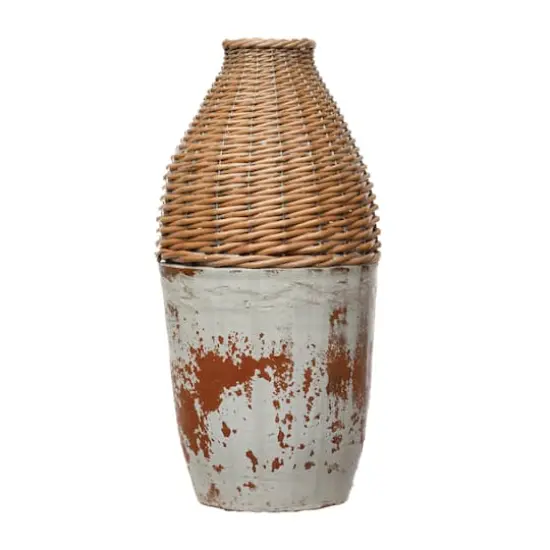 Hello Honey&reg; 16.5" Distressed White Hand-Woven Rattan & Clay Vase {1}