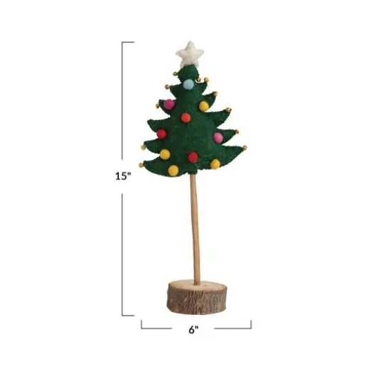 Hello Honey&reg; 15" Star-Topped Handmade Wool Felt Tree with Pom Poms, Jingle Bells & Wood Slice Base {4}