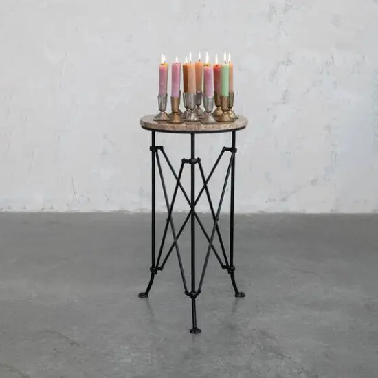 Hello Honey&reg; 2ft. Tan Marble Top Modern Round Metal Accent Table {3}