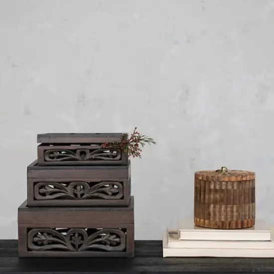 Hello Honey&reg; Espresso Carved Reclaimed & Mango Wood Nesting Boxes Set {3}
