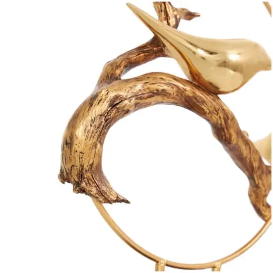 16" Gold Polystone Bird Family On A Branch Sculpture with Brown Block Base {6}