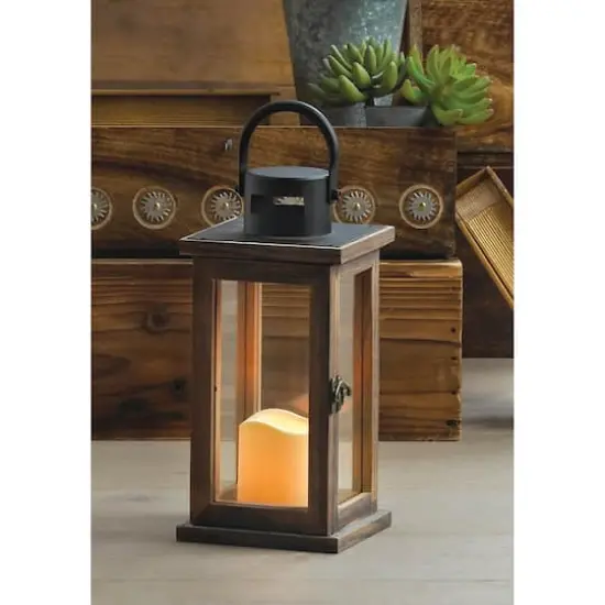 10.75" Lodge Wooden Lantern with LED Candle {3}
