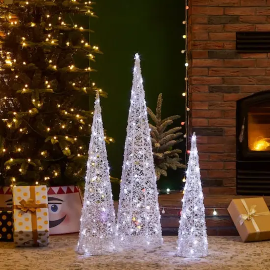Glitzhome&reg; Lighted Christmas Crystal White Cone Tree Outdoor D&eacute;cor Set {3}