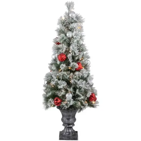 4ft. Pre-Lit Snowy Bristle Pine Flocked Artificial Christmas Tree in Silver Urn, Clear Lights {1}
