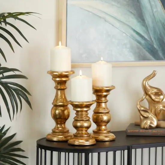 Mango Wood Traditional Candle Holder Set Gold {3}