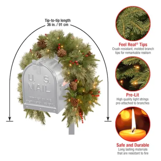 3ft. Pre-Lit Feel Real&reg; Pinecone & Berry Colonial Artificial Christmas Mail Box Swag, Warm White LED Lights {5}