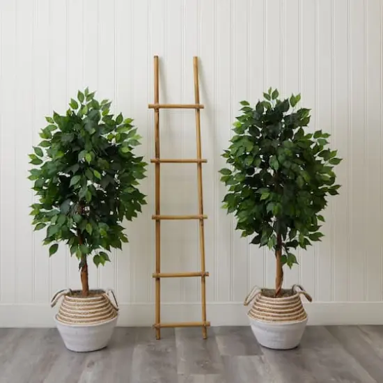 4.5ft. Artificial Ficus Tree with Double Trunk in Handmade Cotton & Jute Basket Set {4}