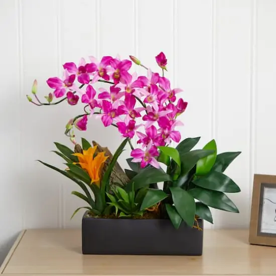 23.5" Purple Pigeon Orchid & Bromeliad Arrangement in Black Rectangle Planter {7}