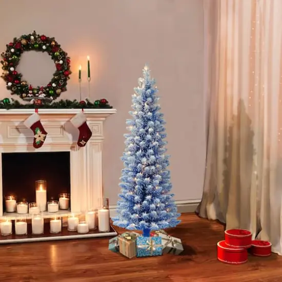 4.5ft. Pre-Lit Flocked Fashion Blue Pencil Artificial Christmas Tree, Clear Lights {4}