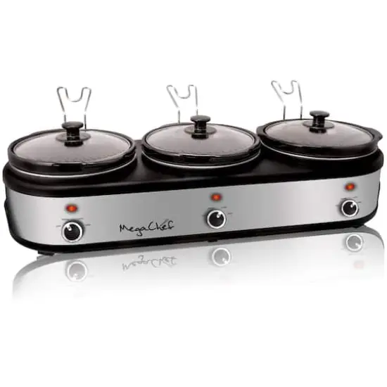 MegaChef Brushed Silver & Black Finish Triple 2.5qt. Slow Cooker & Buffet Server With 3 Ceramic Cooking Pots & Removable Lid Rests {5}