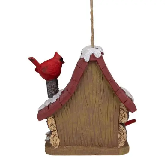 7" Brown & Red Christmas Birdhouse with Cardinals {4}