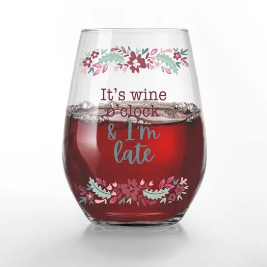 15oz. I'm Late for Wine O'Clock Printed Stemless Wine Glass {3}