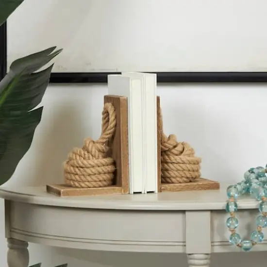 7" Brown Wood Knot Rope Bookends with Distressed L-Shaped Stands Set {3}