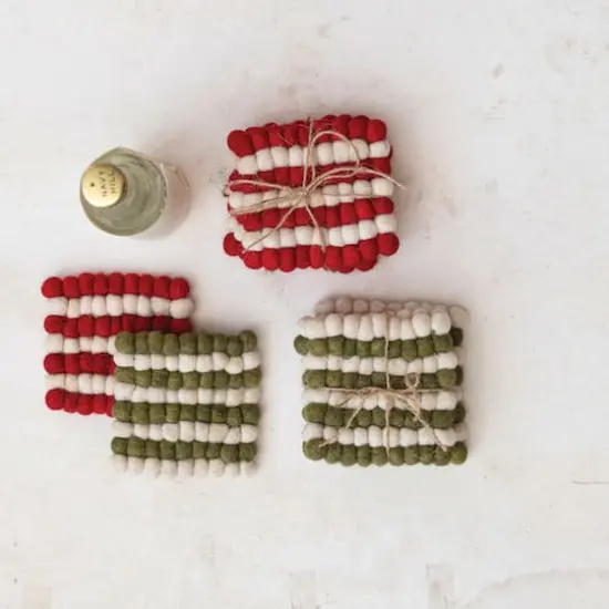 Hello Honey&reg; 4" Cream & Green Handmade Wool Felt Ball Coasters, 4ct. {3}