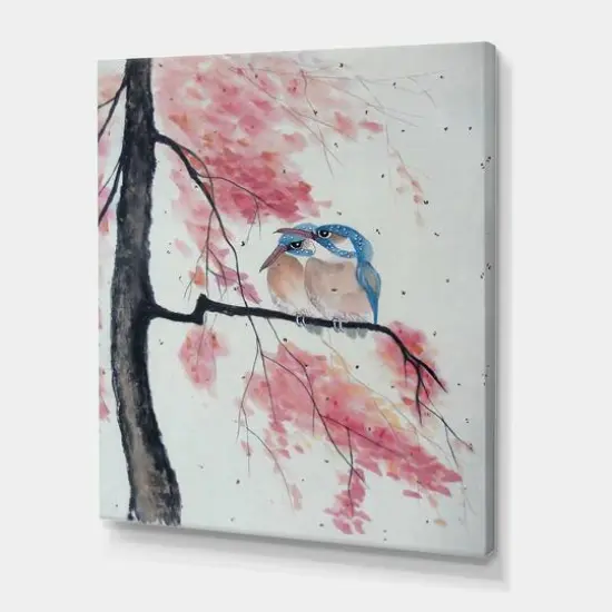Designart - Two Kingfisher Birds Sit On A Flowering Branch - Traditional Canvas Wall Art Print {1}