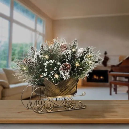 10" Gold Glittery Bristle&reg; Pine Sleigh with LED Lights & Timer {3}