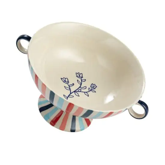 Hello Honey&reg; 13" Multicolor Hand-Painted Stoneware Footed Bowl with Handles & Stripes {1}