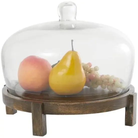 12.5" Dark Brown Mango Wood Cake Stand with Glass Cloche {6}