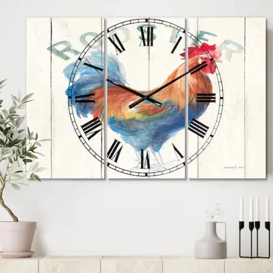 Designart Farm Rooster Farmhouse 3 Panel Wall Clock {3}