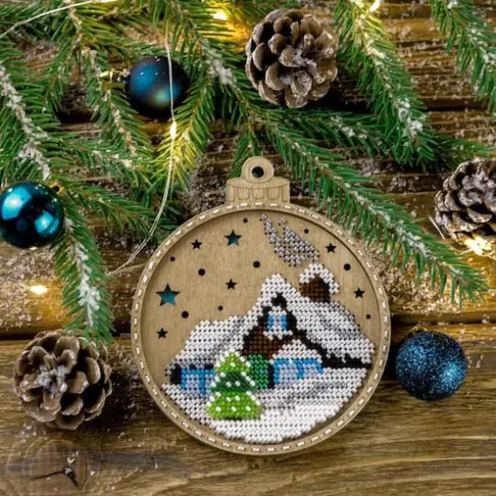 Wonderland Crafts Snowy Cottage Ornament Bead Embroidery on Wood Kit {3}
