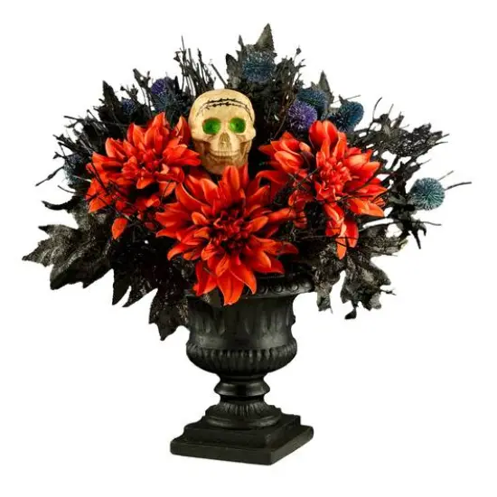 20" Boo-tiful Orange Dahlia LED Halloween Centerpiece in Black Urn {5}