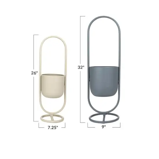 Hello Honey&reg; Matte Gray & Sand Metal Floor Planter Set Hanging on Stands {5}