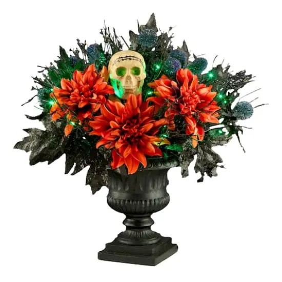 20" Boo-tiful Orange Dahlia LED Halloween Centerpiece in Black Urn {1}