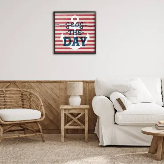 Stupell Industries Seas The Day Americana Anchor & Flag Phrase Framed Giclee Art Black {3}
