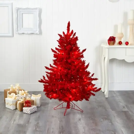 4ft. Pre-Lit Red Flocked Fraser Fir Artificial Christmas Tree with Red Lights {6}