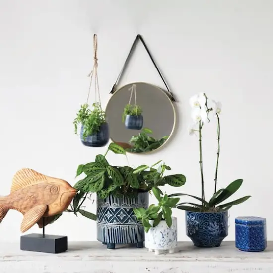 Hello Honey&reg; 5" Blue Pattern Hanging Stoneware Planter with Jute Hanger {3}