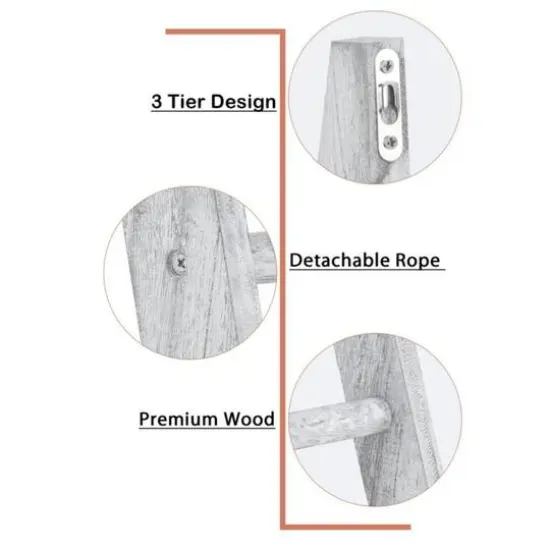 3-Tier Rustic Wood Farmhouse Wall Hanging Ladder Towel Rack Light Gray {5}