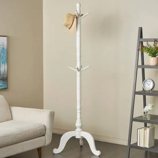 5ft. Wood Coat Rack with Scrolled Feet & Leaf Carvings White {10}