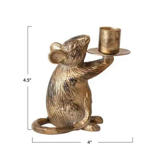 Hello Honey&reg; 4.5" Antique Gold Finish Cast Aluminum Mouse Taper Candle Holder {5}
