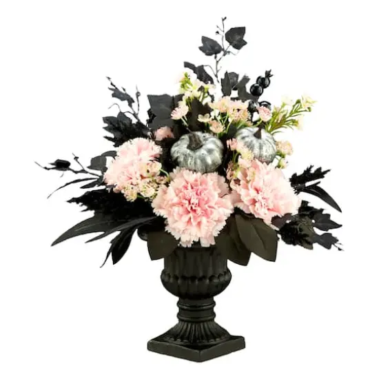 17" Pretty Morbid Pink Carnation Halloween Centerpiece in Black Urn {1}