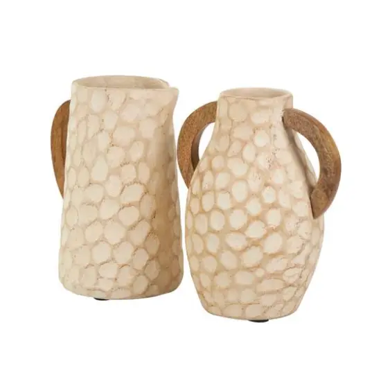 Beige Paper Mache Honeycomb Inspired Jug Vase with Wooden Handle Set {6}
