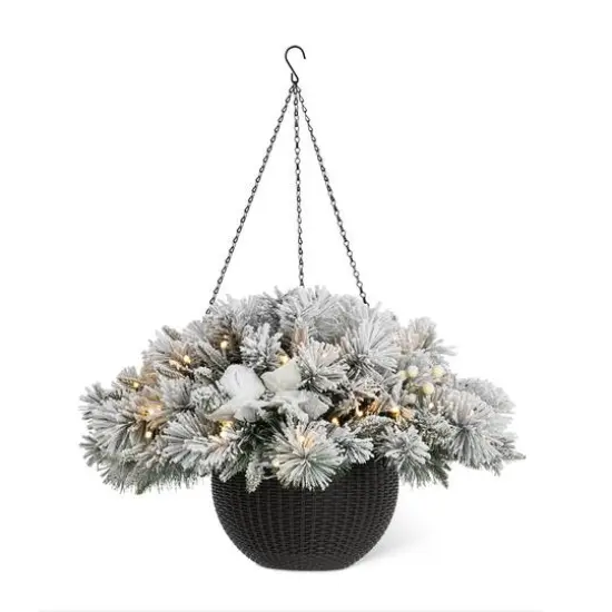 Glitzhome&reg; 24" Pre-Lit Snow Flocked Christmas Artificial Pine Poinsettia Hanging Basket, White Lights {1}