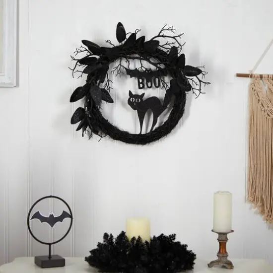 22" Halloween Black Cat & Bat Boo Twig Wreath {4}